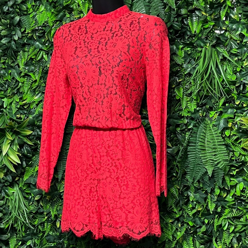 H&M Romper Playsuit Size 6 Red Lace Mock Neck Long Sleeve Jumpsuit 4004